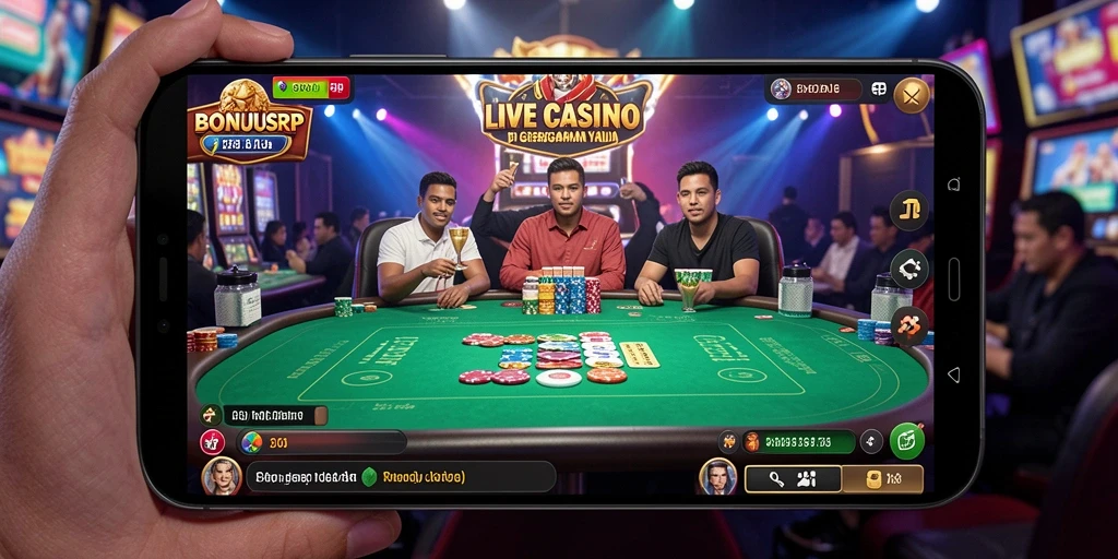 Screenshot utama dari BONUSRP menunjukkan dealer langsung dalam aksi di Live Casino.