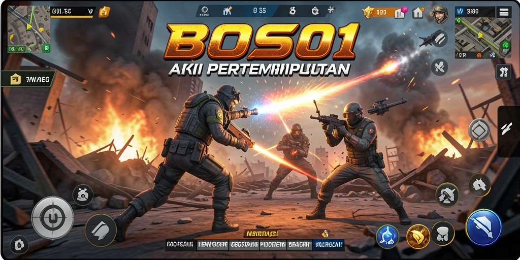 Screenshot menampilkan aksi pertempuran yang mendebarkan di BOS01.