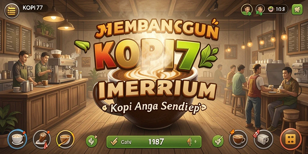 Screenshot gameplay KOPI77 menunjukkan interaksi pelanggan dan manajemen kedai.