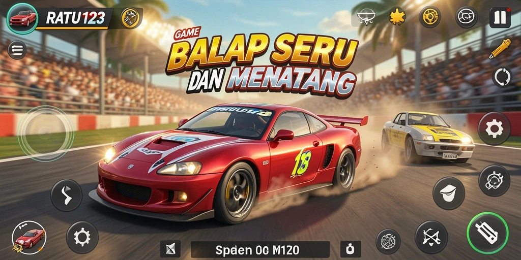 Tangkapan layar utama RATU123 menunjukkan aksi balap yang seru.