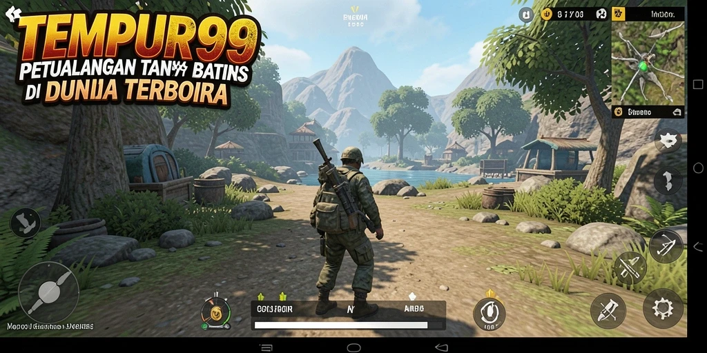 Tampilan gameplay TEMPUR99 dengan dunia terbuka yang penuh warna.
